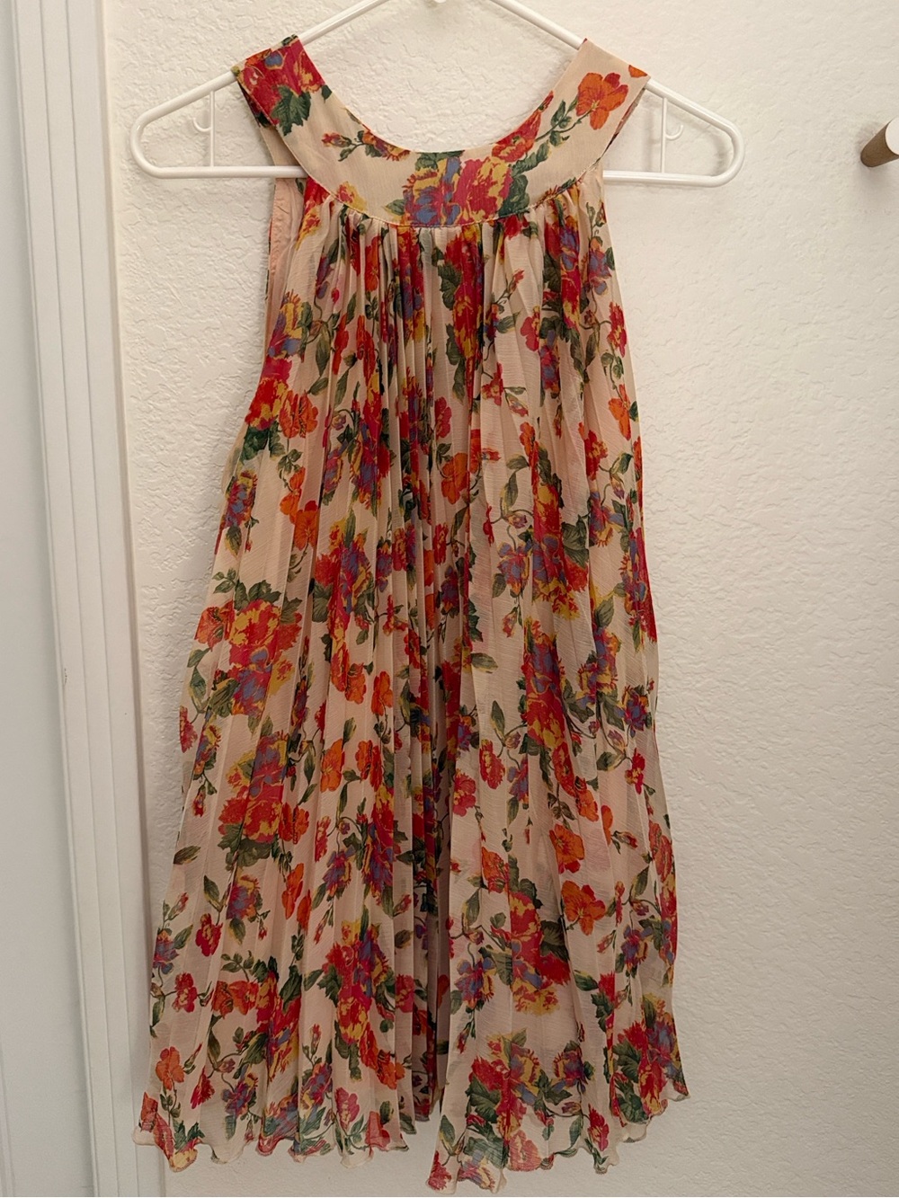 Free People Floral Pleated Mini Dress - Cream with Red, Orange & Purple Flowers